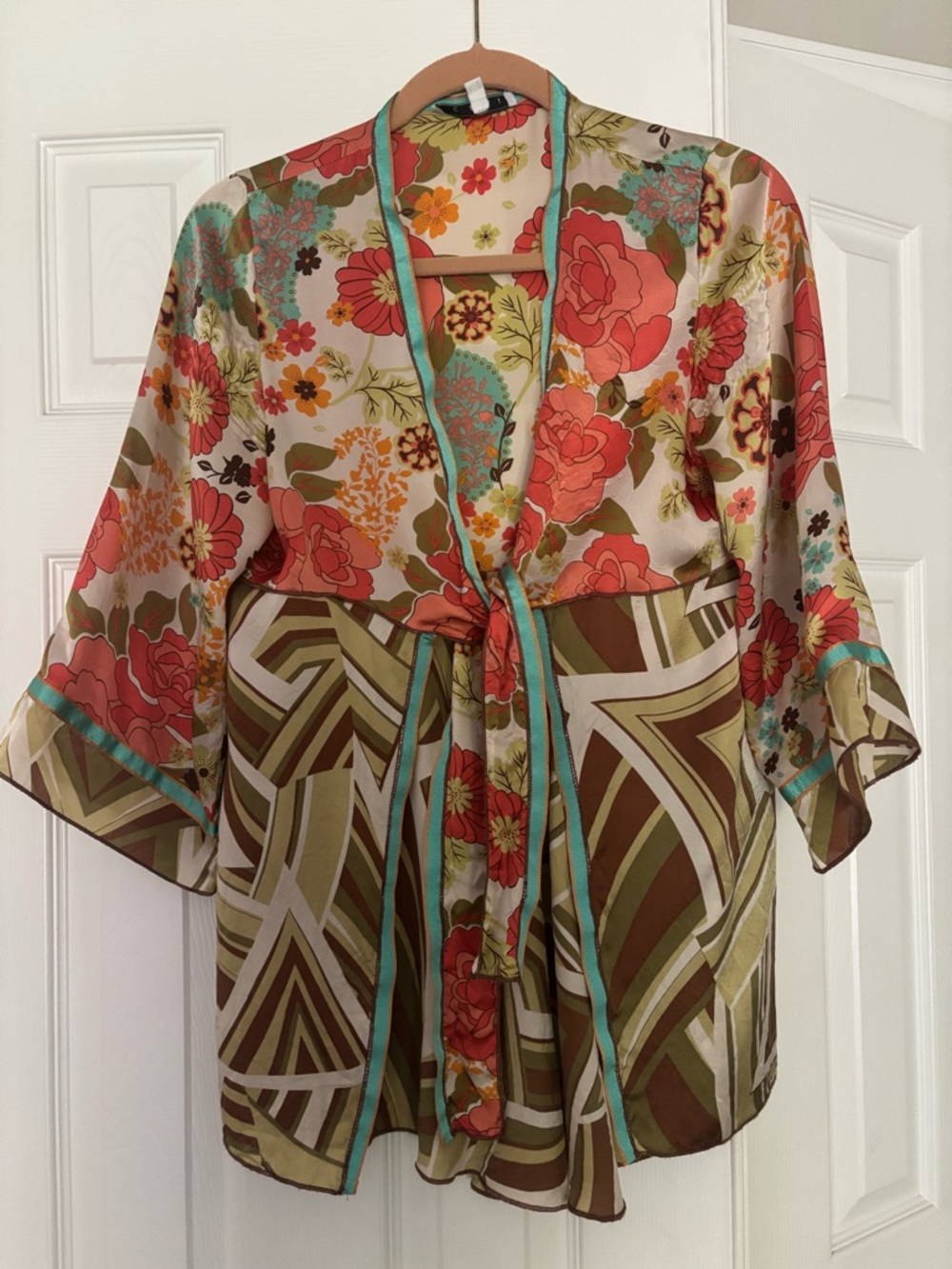 CAbi Floral Kimono Top in Coral, Olive & Aqua Trim